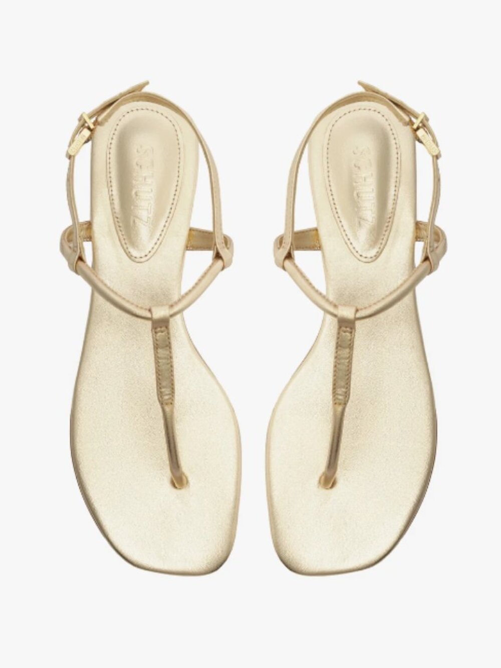 Schutz Elsha T-Strap Sandals in Metallic Gold